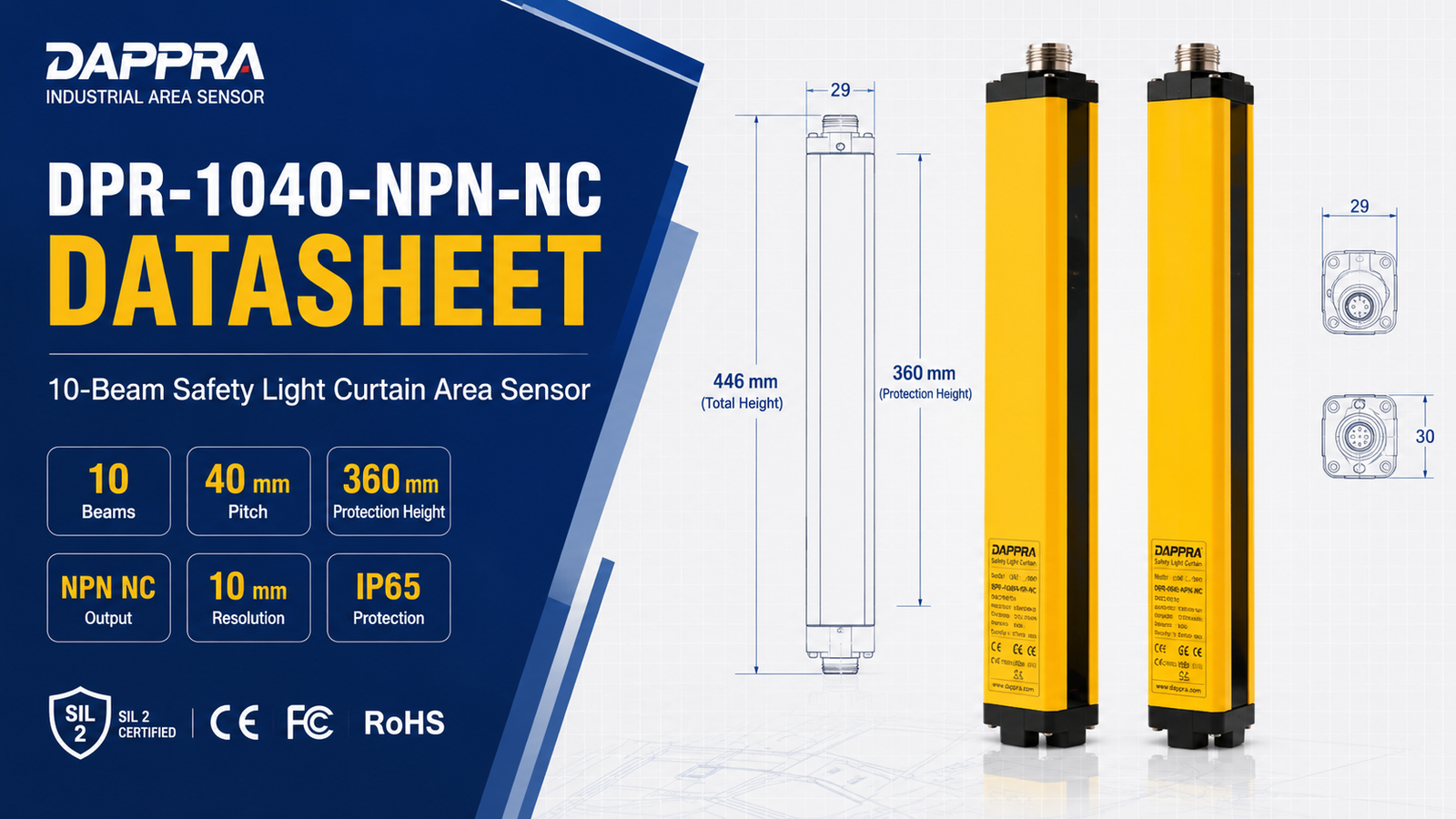 DPR-1040-NPN-NC Datasheet Safety Light Curtain Area Sensor with 10 beams, 40 mm optical axis pitch and 360 mm protection height
