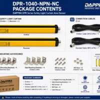 DPR-1040-NPN-NC package contents including emitter receiver 2 m cables M12 connections and mounting accessories