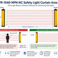 DPR-1040-NPN-NC Safety Light Curtain Area Sensor working principle showing 10 infrared through-beam detection paths between emitter and receiver