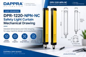 DAPPRA DPR-1220-NPN-NC Safety Light Curtain CAD drawing with 220 mm protection height and 286 mm total height