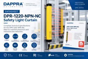 DAPPRA DPR-1220-NPN-NC Safety Light Curtain datasheet showing 12 beams, 20 mm optical axis pitch and 220 mm protection height