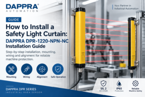 DAPPRA DPR-1220-NPN-NC Safety Light Curtain installation guide showing mounting, wiring and alignment
