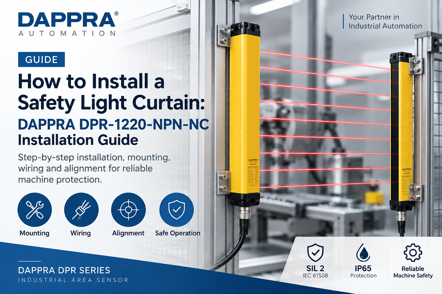 DAPPRA DPR-1220-NPN-NC Safety Light Curtain installation guide showing mounting, wiring and alignment
