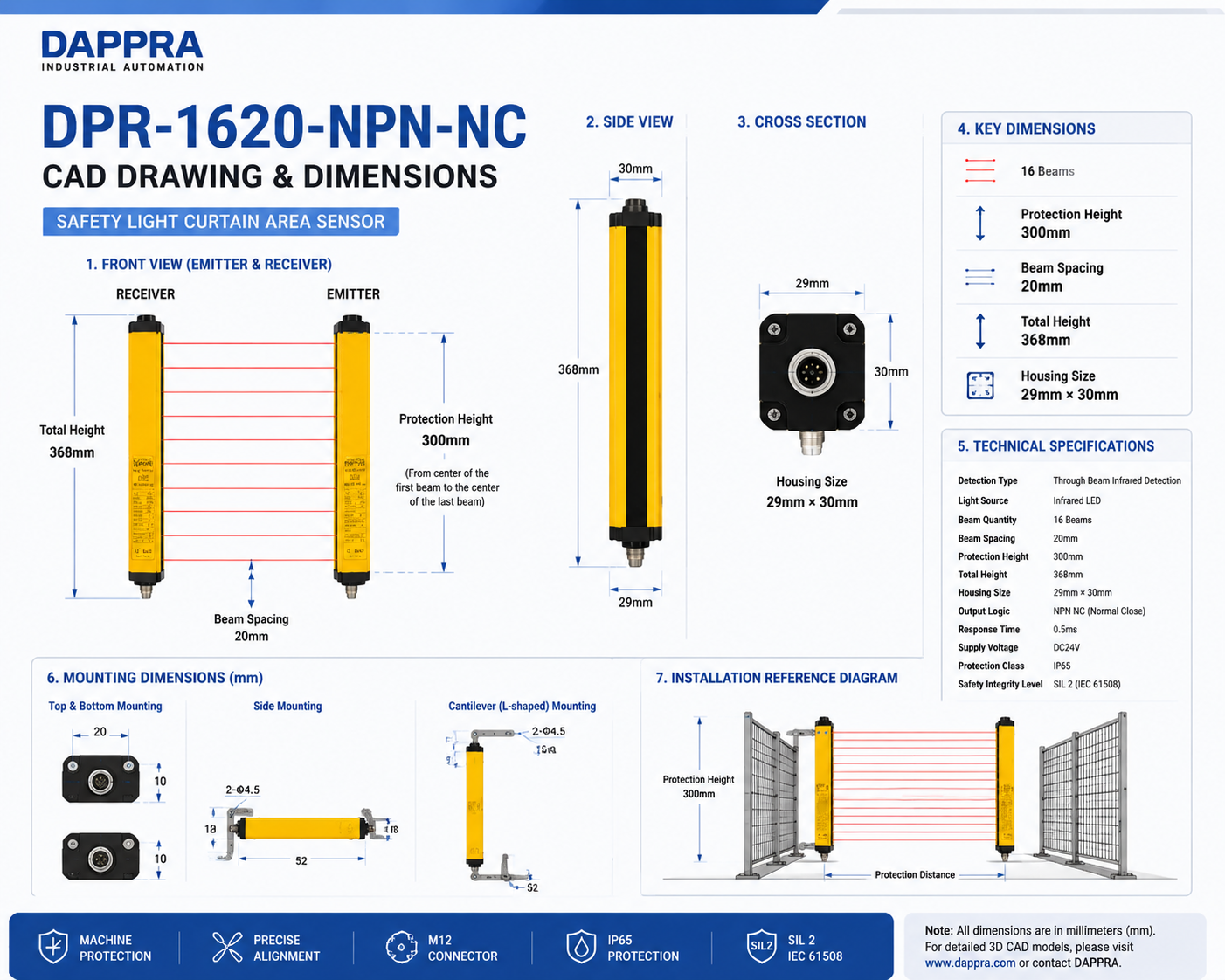 DPR-1620-NPN-NC CAD drawing showing safety light curtain dimensions beam spacing protection height and housing size
