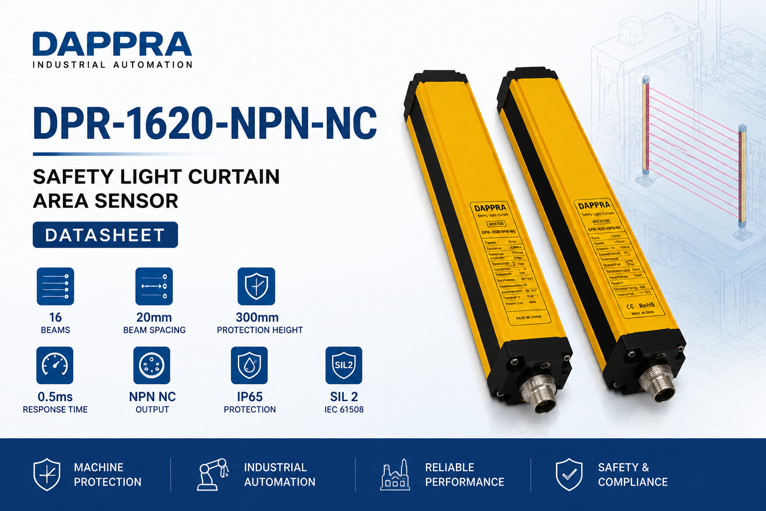 DAPPRA DPR-1620-NPN-NC Safety Light Curtain Area Sensor datasheet cover showing 16 beams 20mm beam spacing and industrial machine protection features