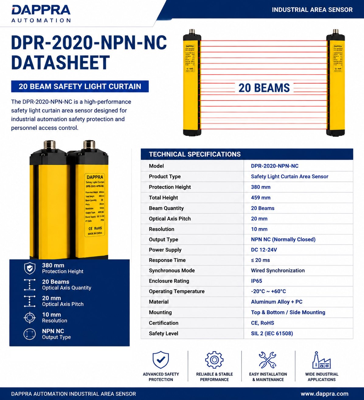 DPR-2020-NPN-NC datasheet showing 20 beam safety light curtain specifications, protection height, resolution and NPN NC output