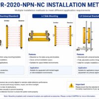 DPR-2020-NPN-NC safety light curtain installation methods using top mounting side mounting and adjustable support brackets