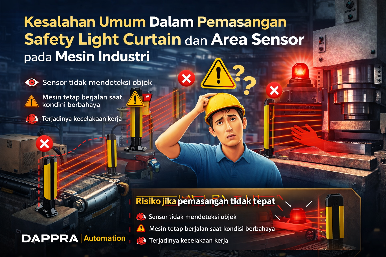 Kesalahan pemasangan Safety Light Curtain dan Area Sensor pada mesin industri DAPPRA Automation