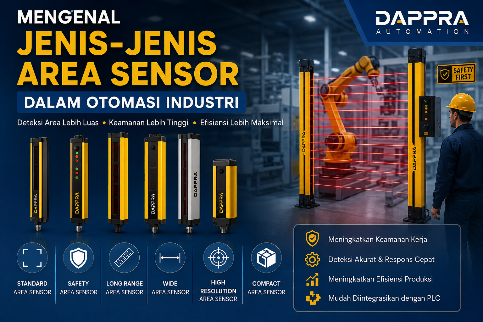 Mengenal berbagai jenis Area Sensor seperti Standard Area Sensor, Safety Area Sensor, Long Range Area Sensor, Wide Area Sensor, High Resolution Area Sensor, dan Compact Area Sensor dalam sistem otomasi industri.