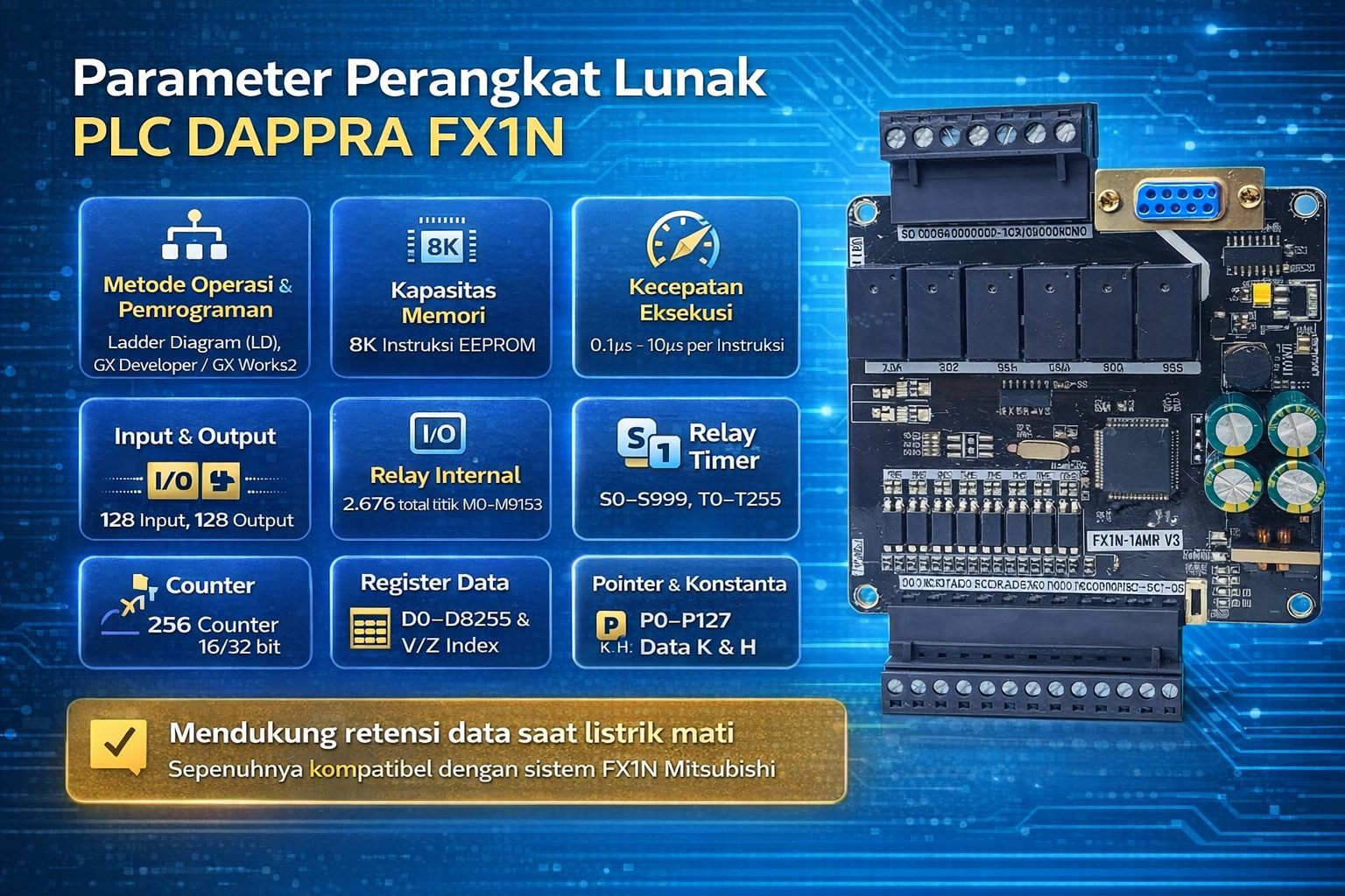 Infografis parameter perangkat lunak PLC DAPPRA FX1N yang menampilkan metode operasi, kapasitas memori, kecepatan eksekusi, alokasi I/O, relay internal, timer, counter, dan register data