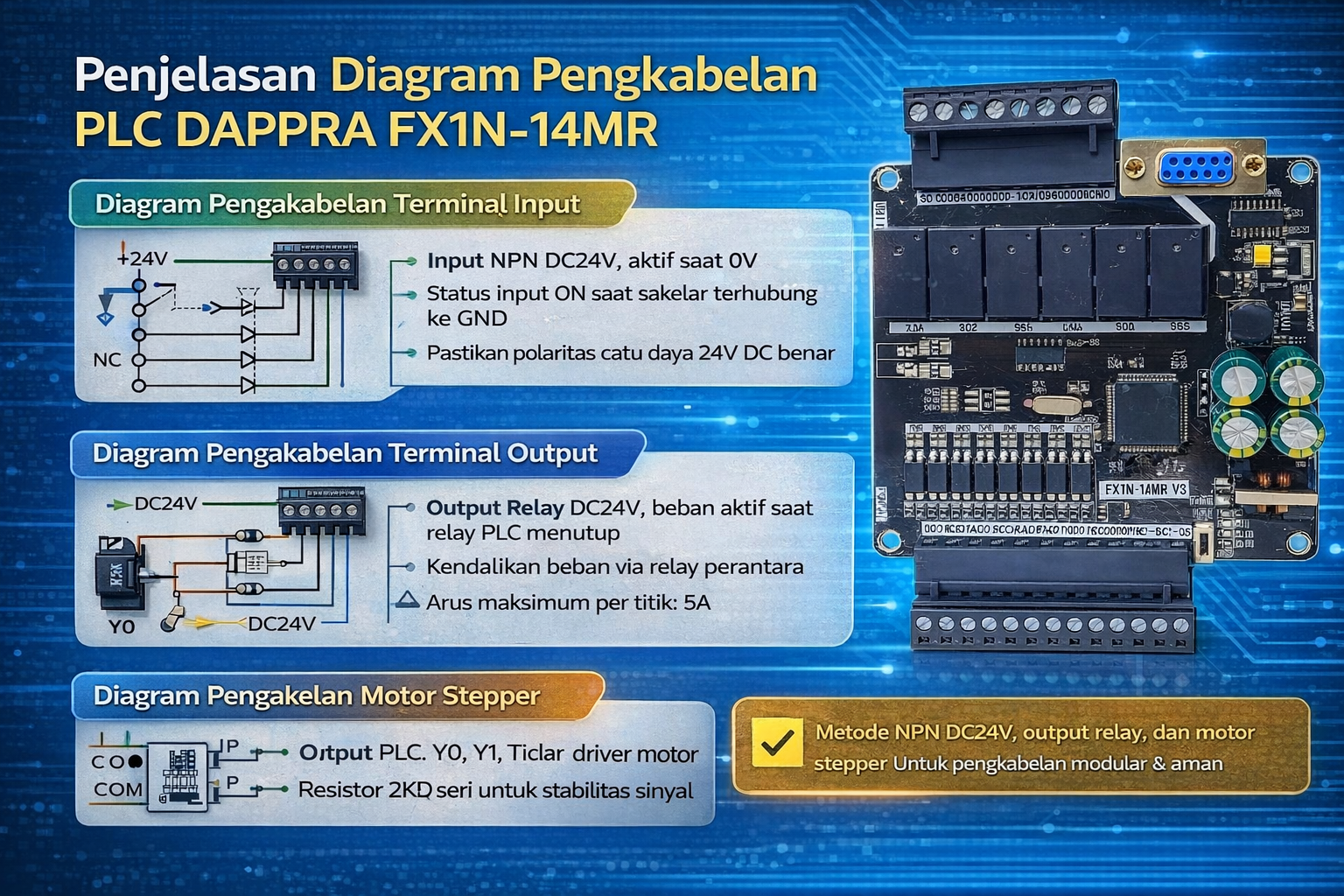 Diagram pengkabelan PLC DAPPRA FX1N-14MR yang menjelaskan wiring terminal input NPN DC 24V, output relay, dan koneksi motor stepper melalui driver eksternal