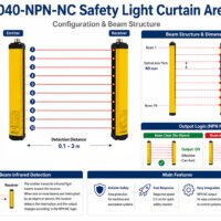 Safety light curtain types including through-beam infrared detection, optical axis pitch, protection height, NPN PNP output and NC NO signal configurations