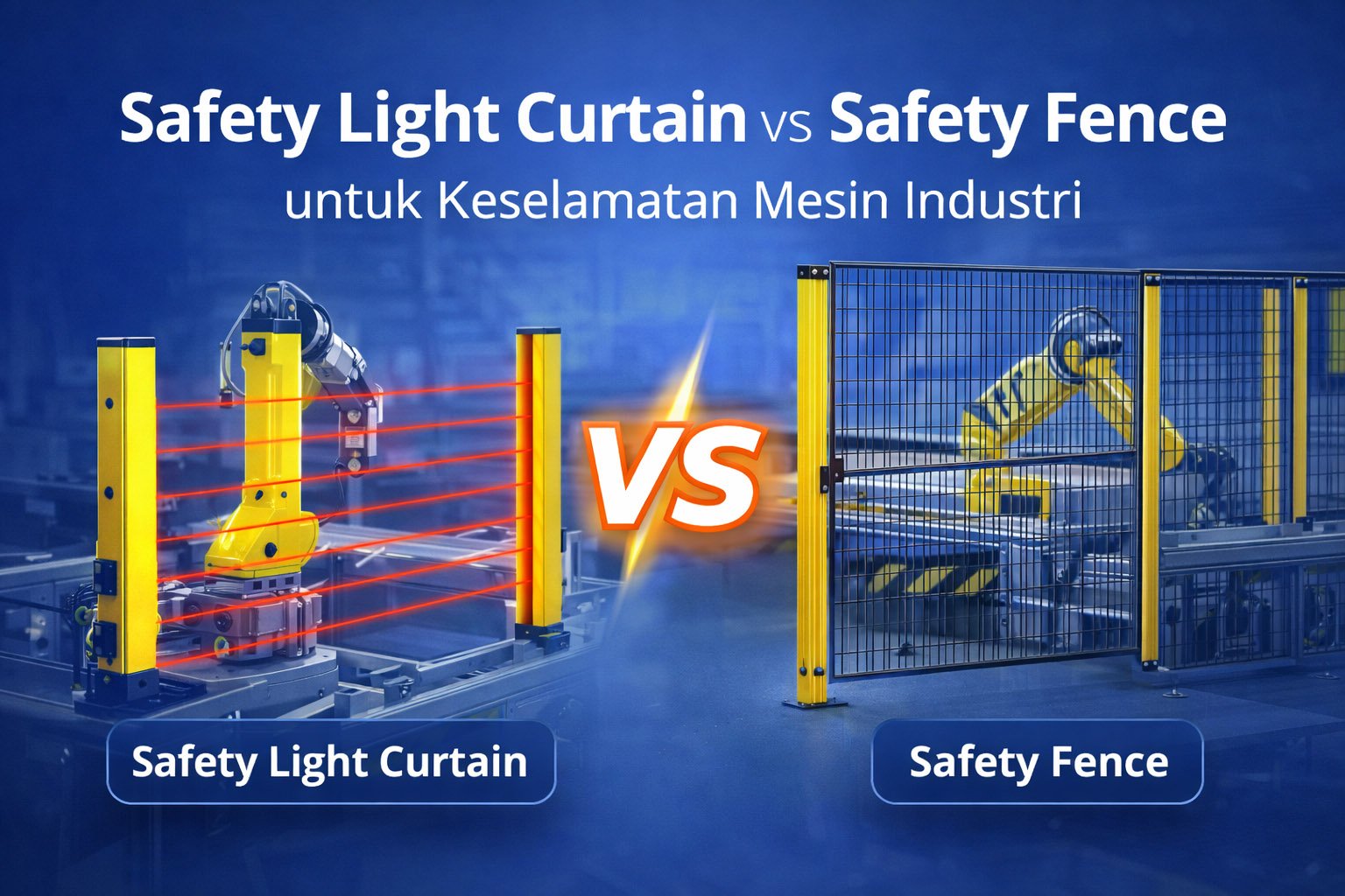 Perbandingan Safety Light Curtain atau Area Sensor dengan Safety Fence untuk sistem keselamatan mesin industri
