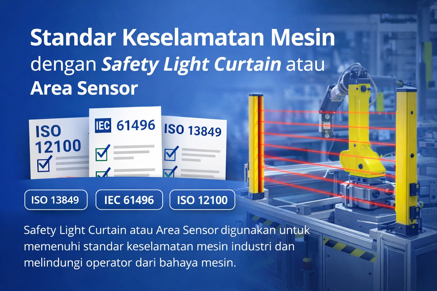 Safety Light Curtain atau Area Sensor pada mesin industri untuk memenuhi standar keselamatan mesin seperti ISO 13849 dan IEC 61496