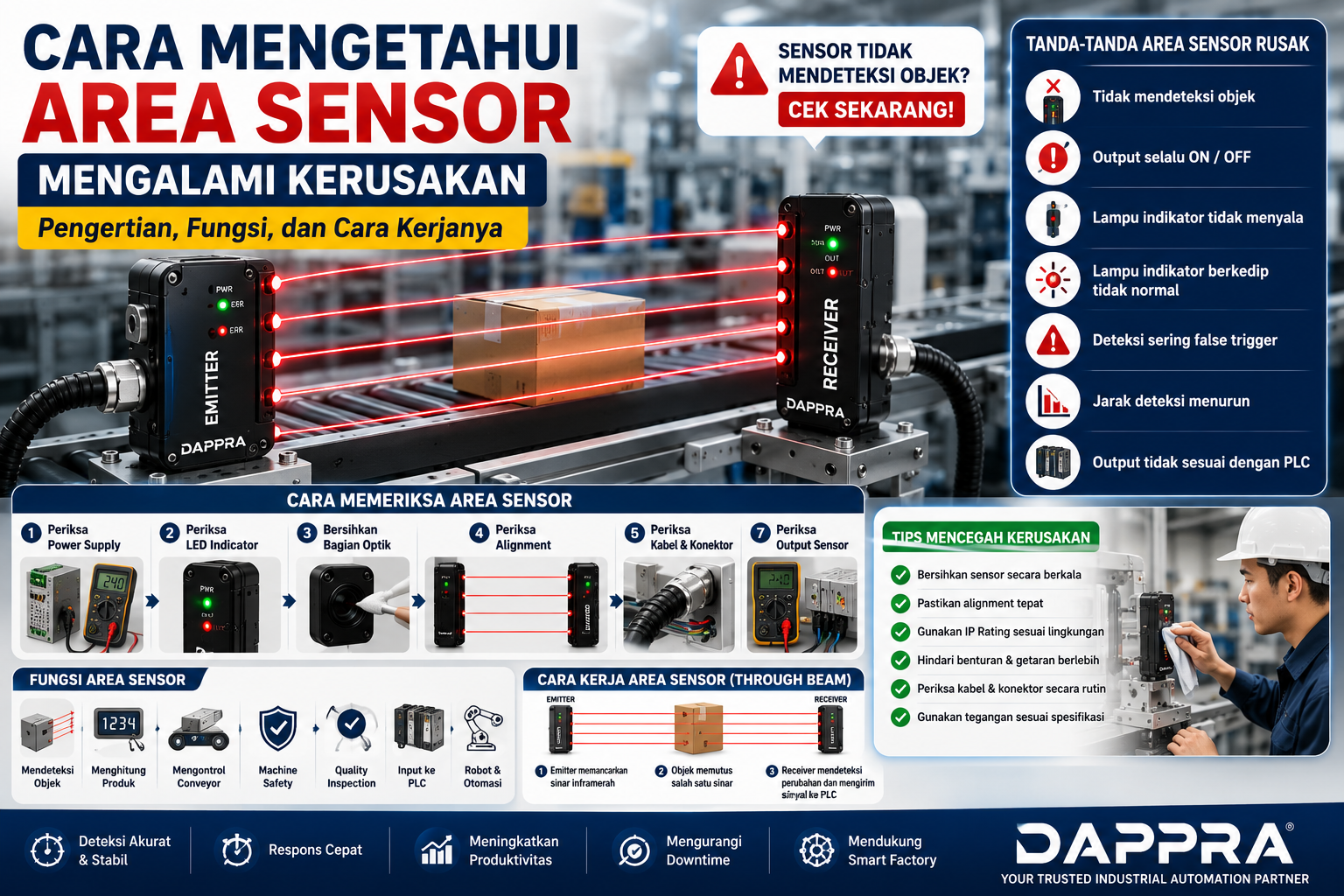 Cara mengetahui Area Sensor mengalami kerusakan melalui pemeriksaan power supply, alignment, wiring, indikator LED, dan output PLC.