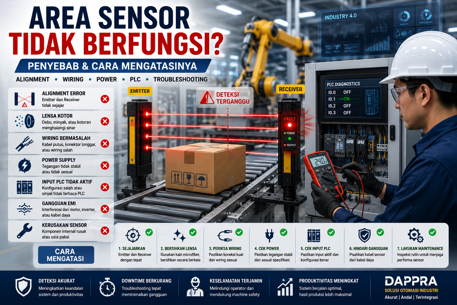 Ilustrasi troubleshooting Area Sensor yang tidak berfungsi pada sistem otomasi industri dengan pemeriksaan alignment, wiring, catu daya, dan PLC.