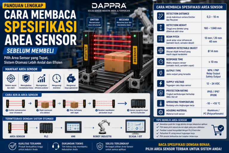 Panduan membaca spesifikasi Area Sensor sebelum membeli, meliputi detection distance, beam pitch, response time, output, dan IP rating untuk sistem otomasi industri.