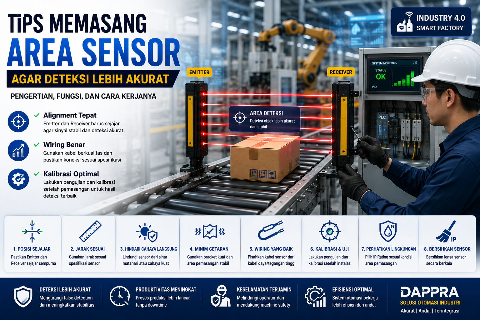 Teknisi memasang Area Sensor pada sistem conveyor industri dengan posisi emitter dan receiver yang sejajar untuk menghasilkan deteksi objek yang lebih akurat.