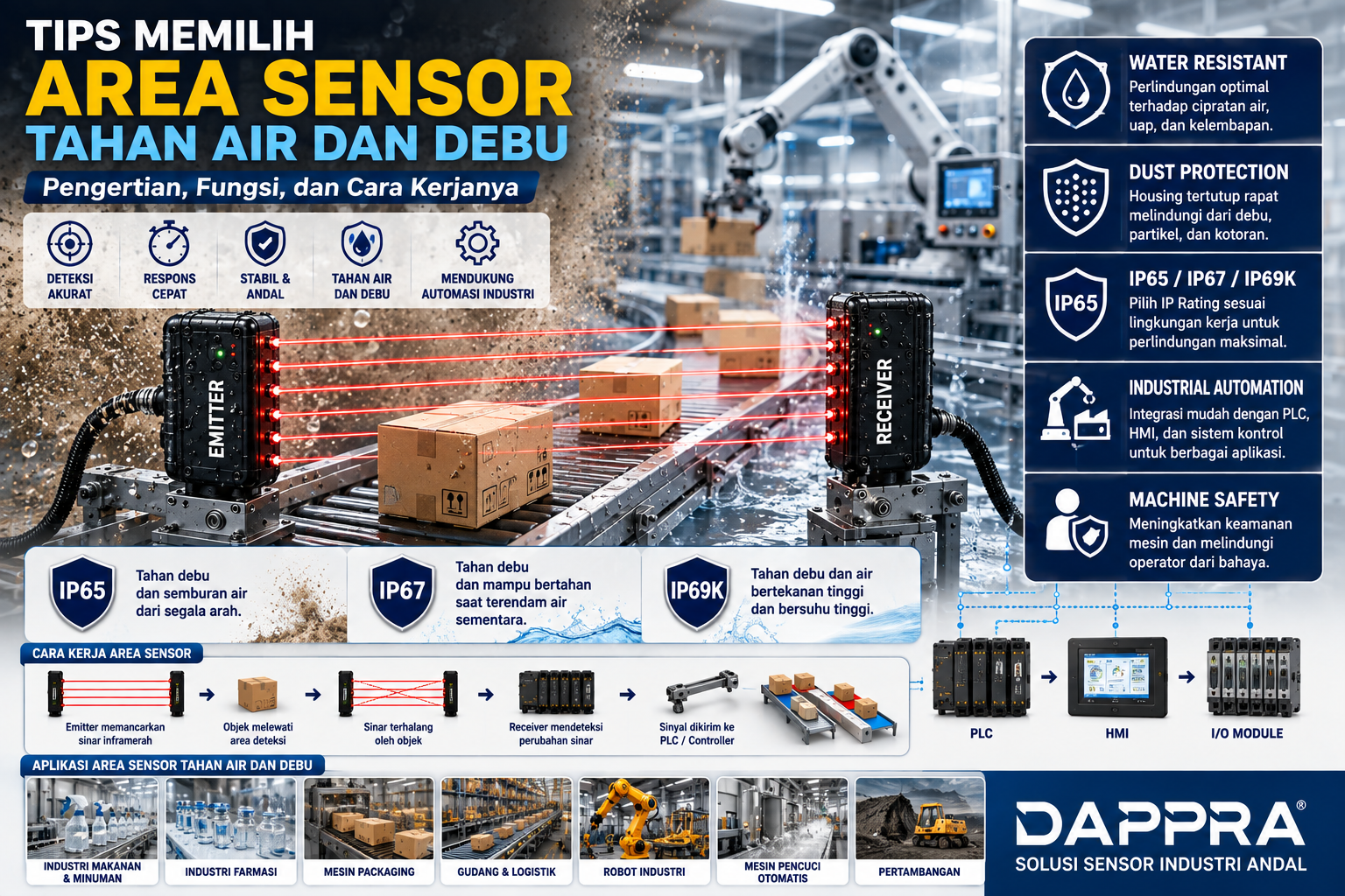 Ilustrasi Area Sensor Through Beam tahan air dan debu dengan perlindungan IP65, IP67, dan IP69K pada conveyor otomatis di lingkungan industri.