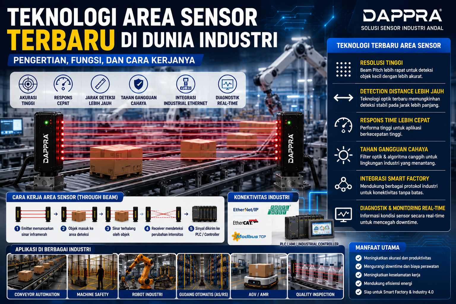 Ilustrasi Area Sensor Through Beam dengan teknologi terbaru yang menampilkan Detection Distance lebih jauh, Response Time lebih cepat, diagnostik real-time, serta integrasi Smart Factory dan Industrial Ethernet.