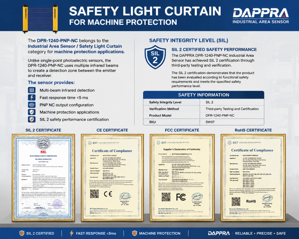 DAPPRA DPR-1240-PNP-NC SW97 Industrial Area Sensor SIL 2 CE FCC RoHS certifications