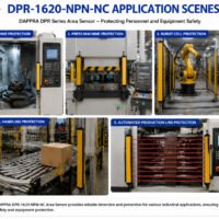 DPR-1620-NPN-NC safety light curtain area sensor applications including CNC machine safety press machine protection robot cell safety and automated production lines