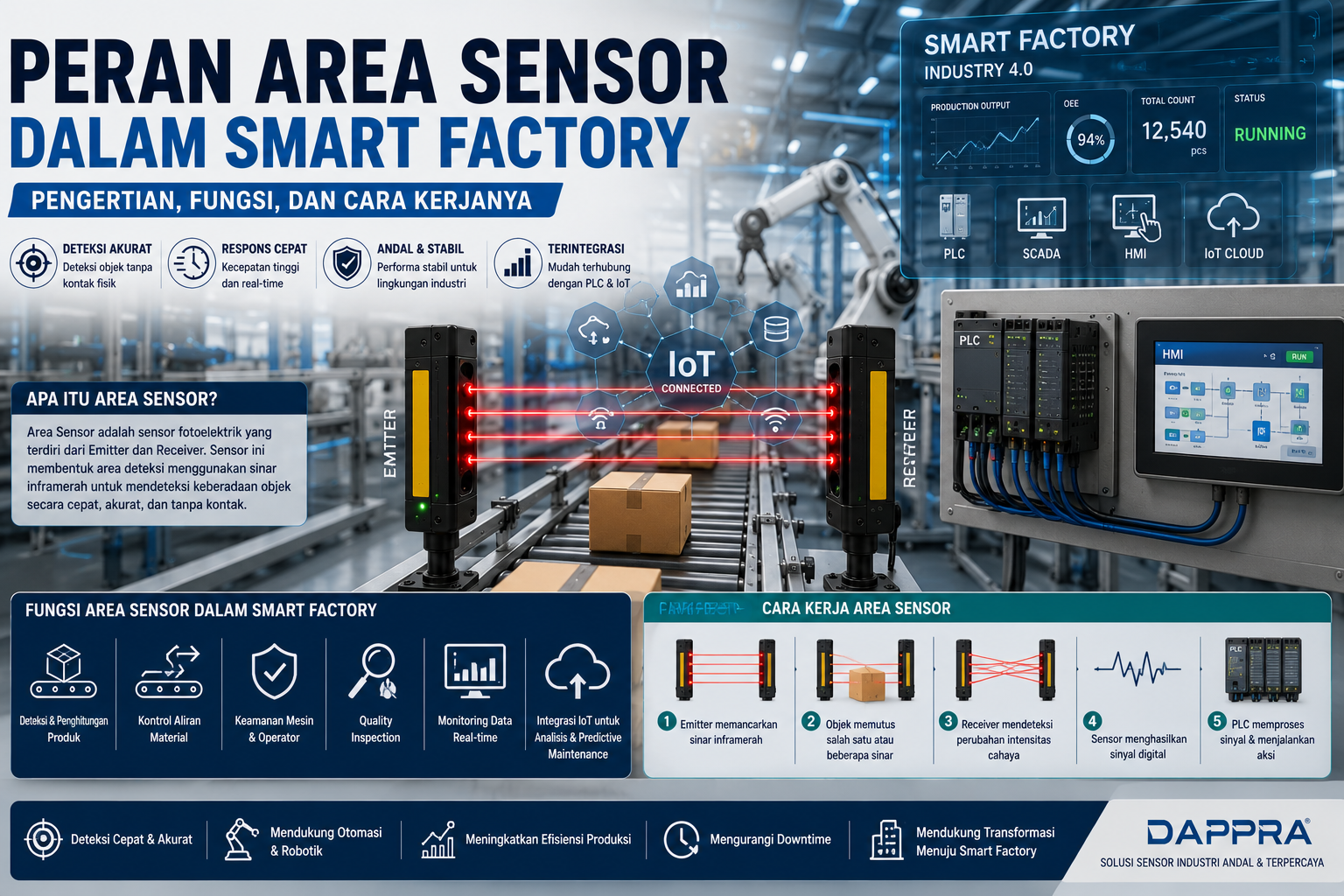 Area Sensor pada Smart Factory mendeteksi objek secara real-time dan terintegrasi dengan PLC, HMI, SCADA, serta IoT untuk mendukung otomasi industri.