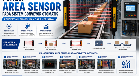 Area Sensor pada sistem conveyor otomatis yang mendeteksi produk menggunakan sinar inframerah untuk meningkatkan efisiensi, akurasi, dan keselamatan dalam otomasi industri.