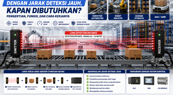 Ilustrasi Area Sensor Through Beam dengan jarak deteksi jauh pada conveyor otomatis untuk aplikasi machine safety, robot industri, AGV, dan sistem otomasi industri.