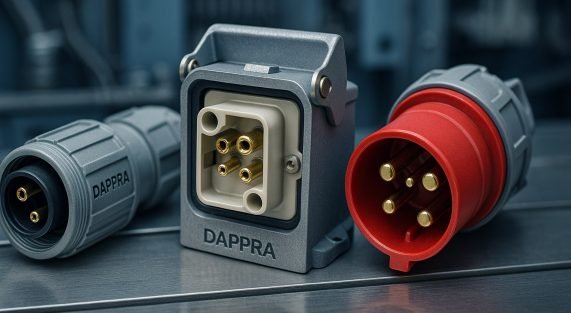 High-current industrial power plugs with metal and plastic housings displayed for comparison.
