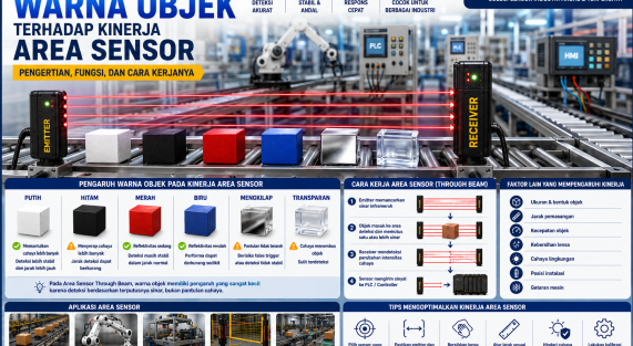 Ilustrasi Area Sensor Through Beam yang mendeteksi objek dengan berbagai warna seperti hitam, putih, merah, biru, dan transparan untuk menjelaskan pengaruh warna terhadap kinerja sensor dalam otomasi industri.