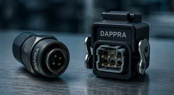 Comparison of circular and rectangular industrial connectors used in automation systems.