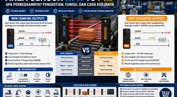Perbandingan Area Sensor NPN dan PNP pada sistem otomasi industri yang menunjukkan perbedaan output, wiring, kompatibilitas PLC, dan cara kerja untuk membantu memilih sensor yang tepat.