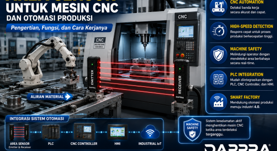 Ilustrasi Area Sensor Through Beam pada mesin CNC dan sistem otomasi produksi untuk mendeteksi benda kerja, meningkatkan keselamatan operator, dan mengontrol proses otomatis menggunakan PLC.