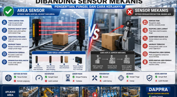 Perbandingan Area Sensor dan sensor mekanis pada sistem otomasi industri yang menunjukkan keunggulan deteksi tanpa kontak, akurasi tinggi, dan umur pakai lebih panjang.