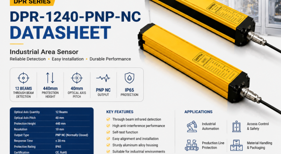 DAPPRA DPR-1240-PNP-NC datasheet feature image showing DPR Series industrial area sensor with 12 beam through beam detection, 40mm pitch and PNP NC output