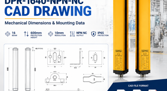DAPPRA DPR-1640-NPN-NC CAD drawing showing industrial area sensor mechanical dimensions, protection height and mounting dimensions