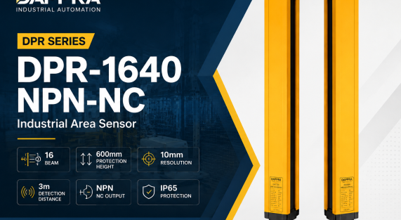 DAPPRA DPR-1640-NPN-NC datasheet cover featuring DPR Series industrial area sensor with 16 beam through beam detection, 40mm pitch and NPN NC output