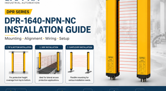 DAPPRA DPR-1640-NPN-NC installation guide showing industrial area sensor mounting methods, emitter receiver alignment and wiring setup