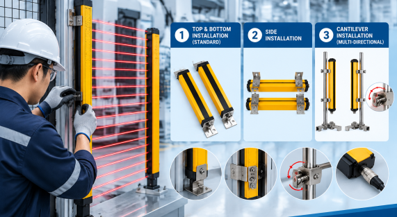 DAPPRA DPR-2440-NPN-NC Industrial Area Sensor installation methods including top bottom mounting side mounting and adjustable bracket installation
