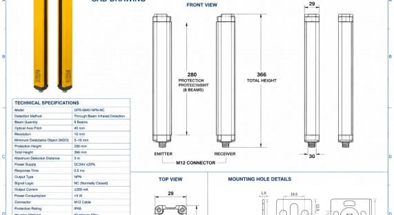 DAPPRA DPR-0840-NPN-NC safety light curtain CAD drawing showing dimensions, front view, side view and mounting details
