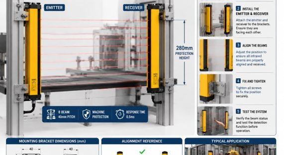 DAPPRA DPR-0840-NPN-NC safety light curtain installation guide showing emitter receiver alignment and mounting methods