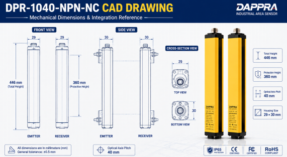DPR-1040-NPN-NC CAD Drawing showing front, side and cross-section views with mechanical dimensions