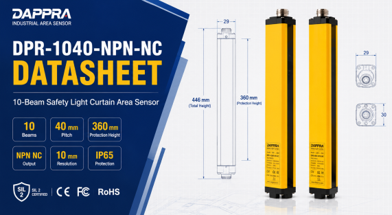 DPR-1040-NPN-NC Datasheet Safety Light Curtain Area Sensor with 10 beams, 40 mm optical axis pitch and 360 mm protection height