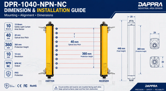 DPR-1040-NPN-NC Dimension and Installation Guide showing emitter receiver alignment, 40 mm optical axis pitch and 360 mm protection height