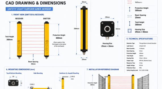 DPR-1620-NPN-NC CAD drawing showing safety light curtain dimensions beam spacing protection height and housing size