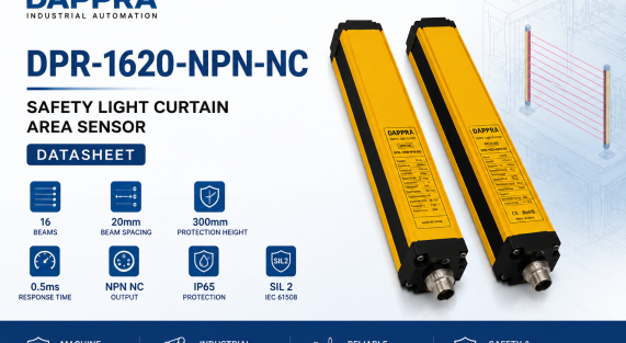 DAPPRA DPR-1620-NPN-NC Safety Light Curtain Area Sensor datasheet cover showing 16 beams 20mm beam spacing and industrial machine protection features