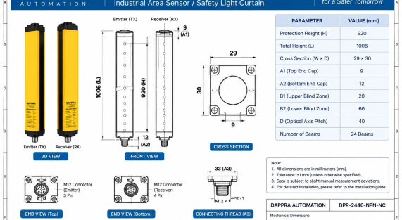 DAPPRA DPR-2440-NPN-NC Industrial Area Sensor mechanical dimensions CAD drawing with 920 mm protection height and 1006 mm total height