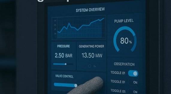 Industrial HMI interface layout showing machine controls, indicators, and navigation structure.