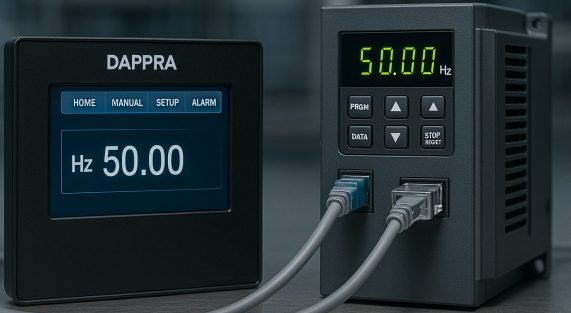 Diagram showing HMI controlling a VFD using Modbus communication.